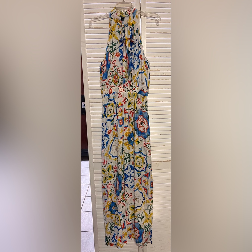 Sleeveless Halter Neck Maxi Dress w/ Sicilian Tile Mediterranean Print - Size 4